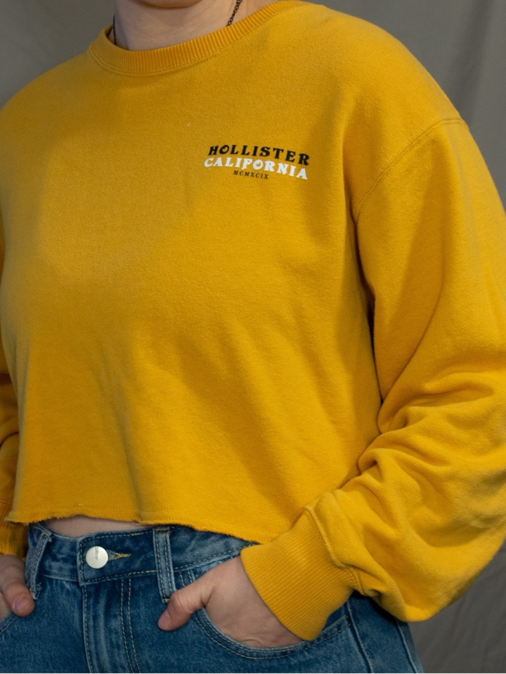Hollister Yellow Cropped Pullover Sweatshirt with Distressed Logo